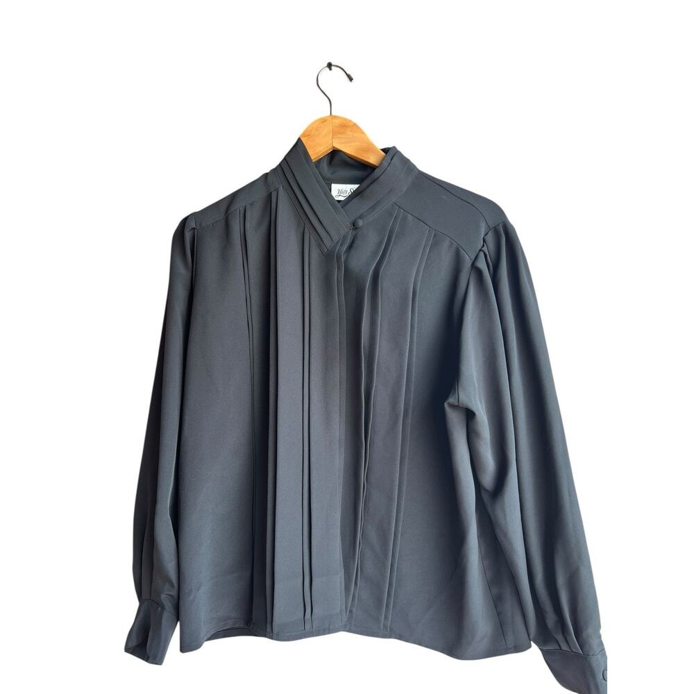 Yves St. Clair Vintage Women Pleated Blouse Long Sleeve Button Up Black Size 14P